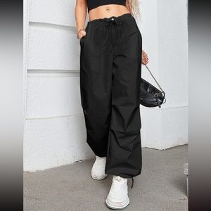 Baggy Style Black Drawstring Parachute Pants